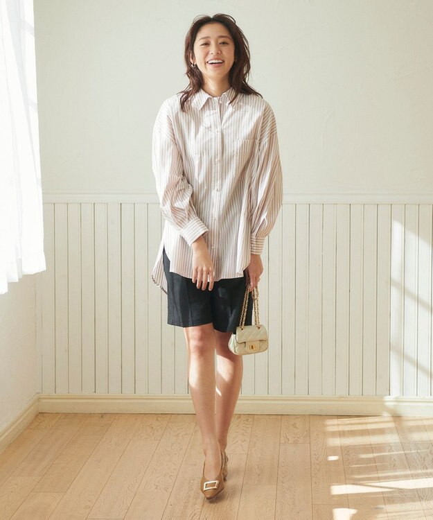 Feroux 【洗える】カラーストライプビッグ シャツ ベージュ系1