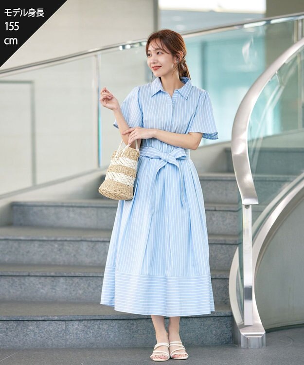 Tiaclasse 【洗える】フレアスリーブシャツワンピース サックスストライプ