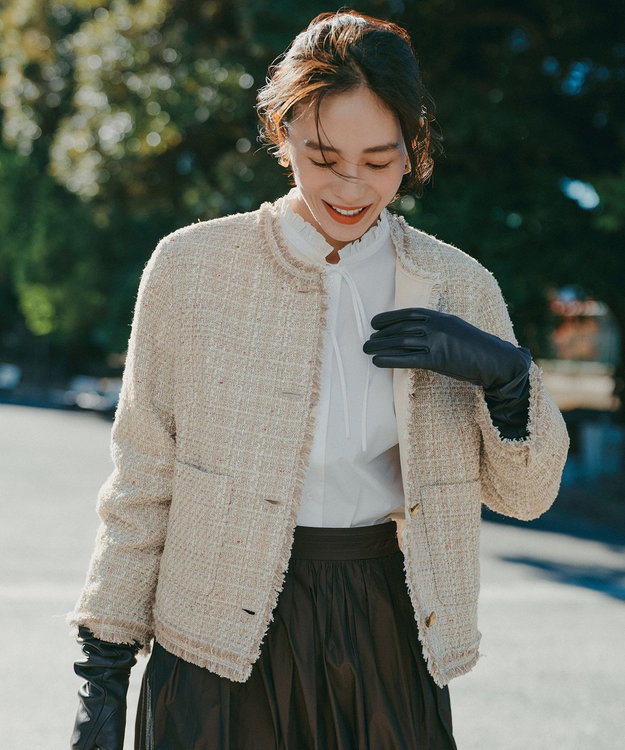 自由区 ファンシーノットツイードノーカラー ジャケット ベージュ