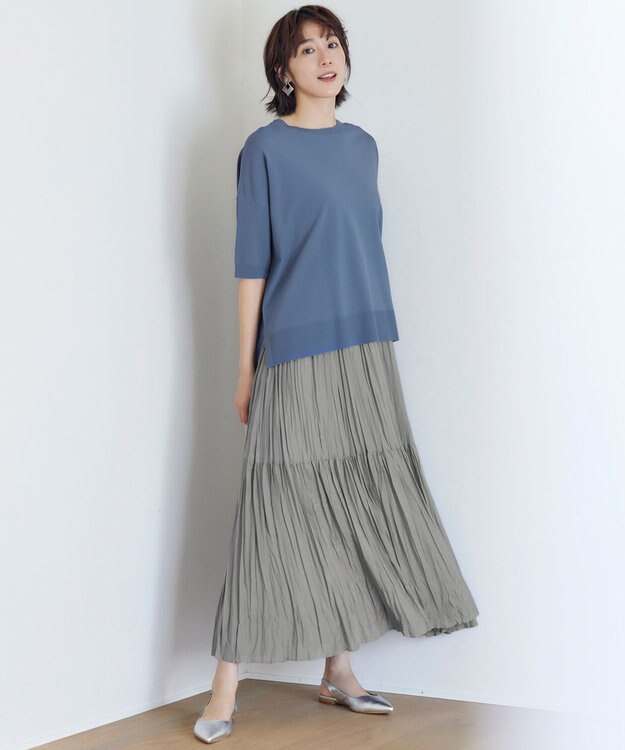 自由区 【接触冷感・UVカット・WEB限定カラーあり】クレープストレッチプルオーバー ニット [新色]ブルーグレー