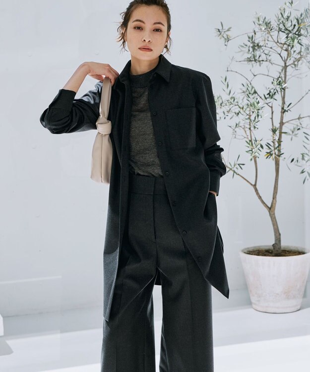 ICB L 【洗える】 ウールミルドサキソニー ロングシャツ チャコール系