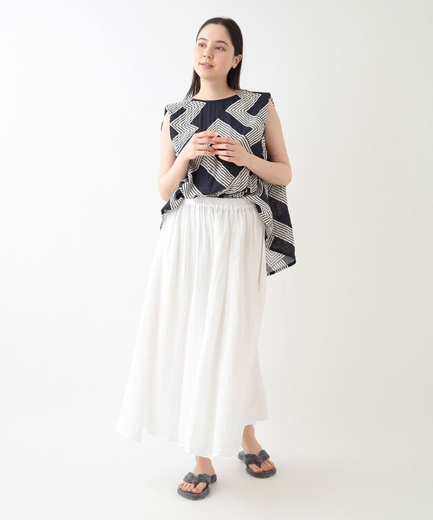 UCHINO クレープガーゼ ジオメトリックブラウス ダークブルー