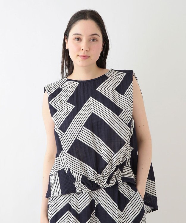 UCHINO クレープガーゼ ジオメトリックブラウス ダークブルー