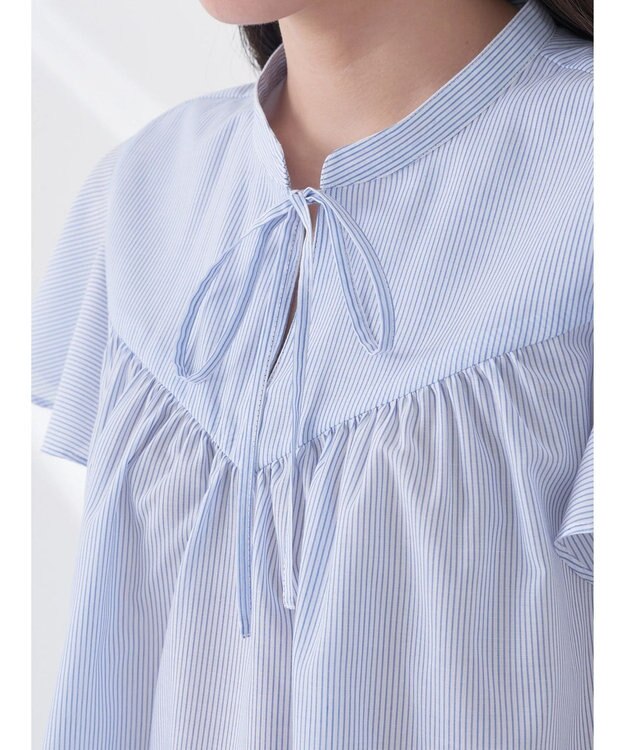 earth music&ecology ギャザーフレンチスリーブブラウス Stripe Sax