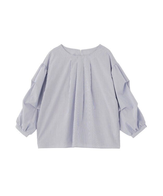 Green Parks イージーケア袖タックブラウス Stripe Blue