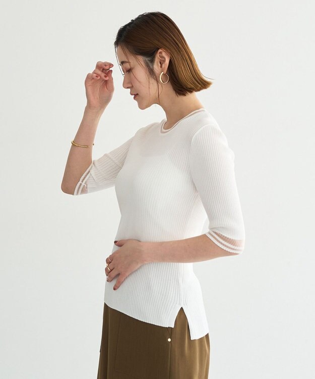 YECCA VECCA シアーMIX5分袖ニット Off White