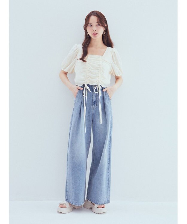 earth music&ecology ＳＥＴ２点パフスリーブブラウス＋キャミワンピース Light Gray