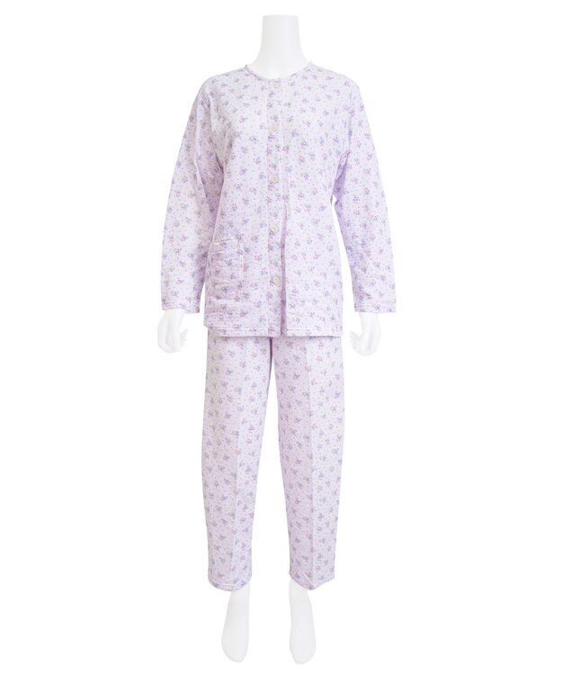 Wing 【数量限定　特別価格】 パジャマ 長袖 長ズボン 綿混(本体) キルトニット素材 保温性 あたたかい 前開きタイプ 丸首 小花柄 レディース EP6913 ウイング／ワコール パープル