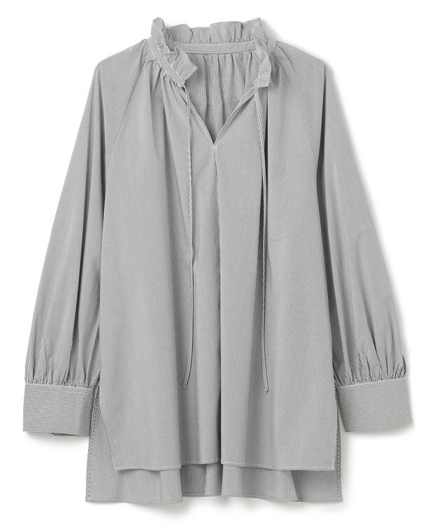 UNFILO ギャザーオーバーブラウス モノトーンストライプ