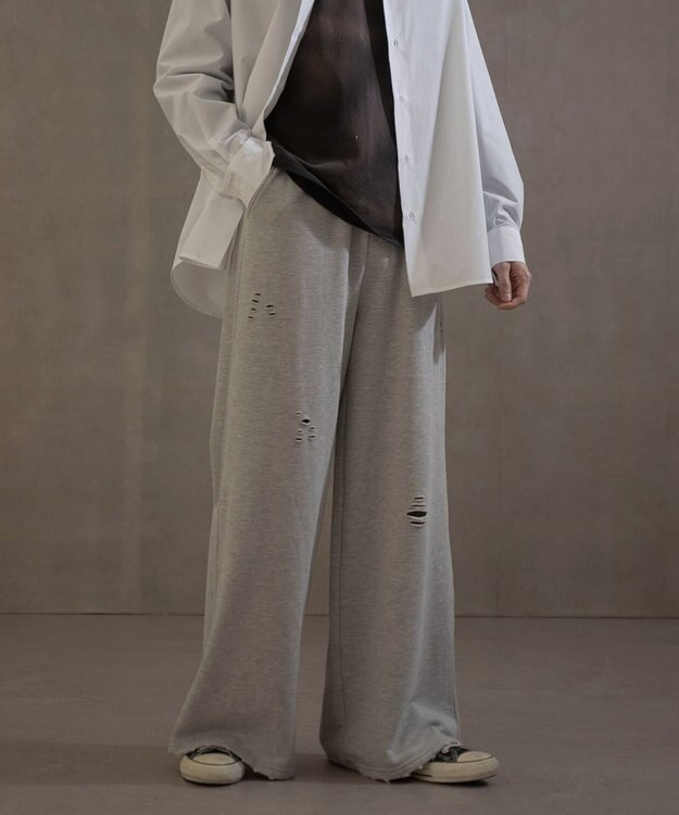 WEGO 【ウエストゴム】ダメージスウェットバギーパンツ 杢グレー