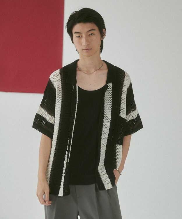 WEGO メッシュストライプニットカーディガン（SS） ブラック