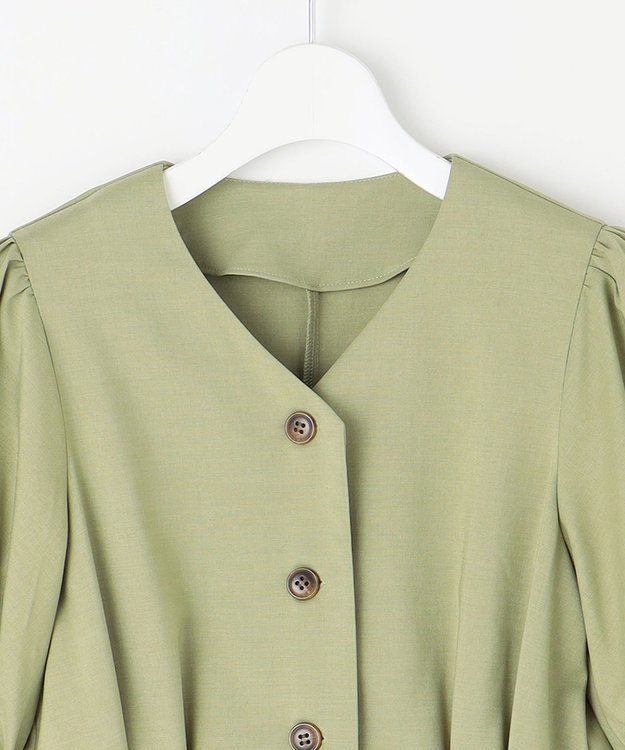 Feroux 【洗える】パフスリーブシャツ ワンピース グリーン系