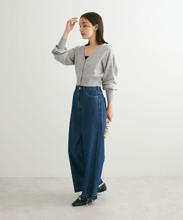 Green Parks ・ｓｗｉｎｇ　ｂｙ　ハート柄スカシニットカーディガン Gray