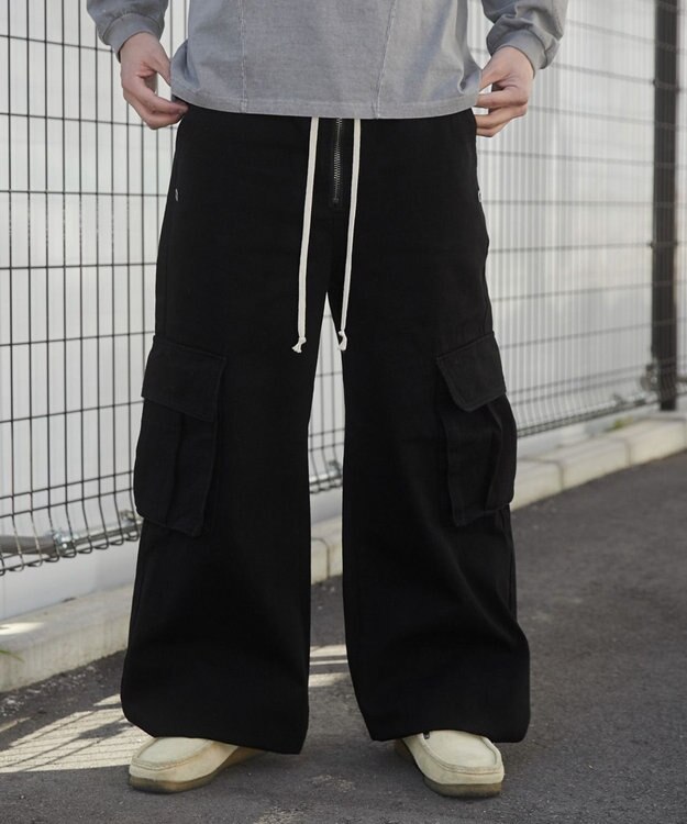 WEGO 【ウエストゴム】スーパーフレアカーゴパンツ ブラック