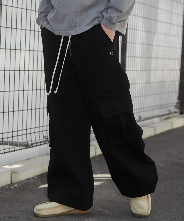 WEGO 【ウエストゴム】スーパーフレアカーゴパンツ ブラック