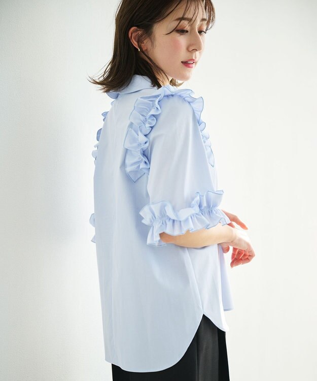 #Newans ロマンティックフリルディテールシャツ ライトブルー