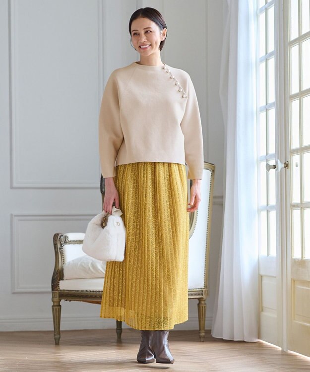 自由区 L 【セットアップ対応・ウエストゴム・洗える】ラッセルレース  スカート イエロー系