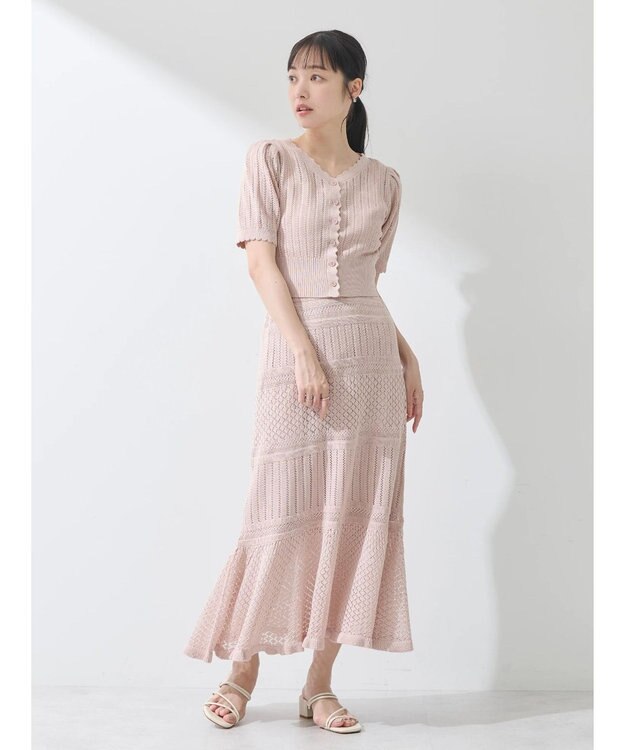 earth music&ecology ２点ＳＥＴ透かし編みカーディガン＋裾フレアスカート Pink