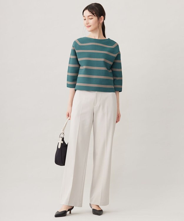 自由区 【洗える】ポリエステルホールガーメントプルオーバー ニット ボトルグリーン×モカ(ボーダー)