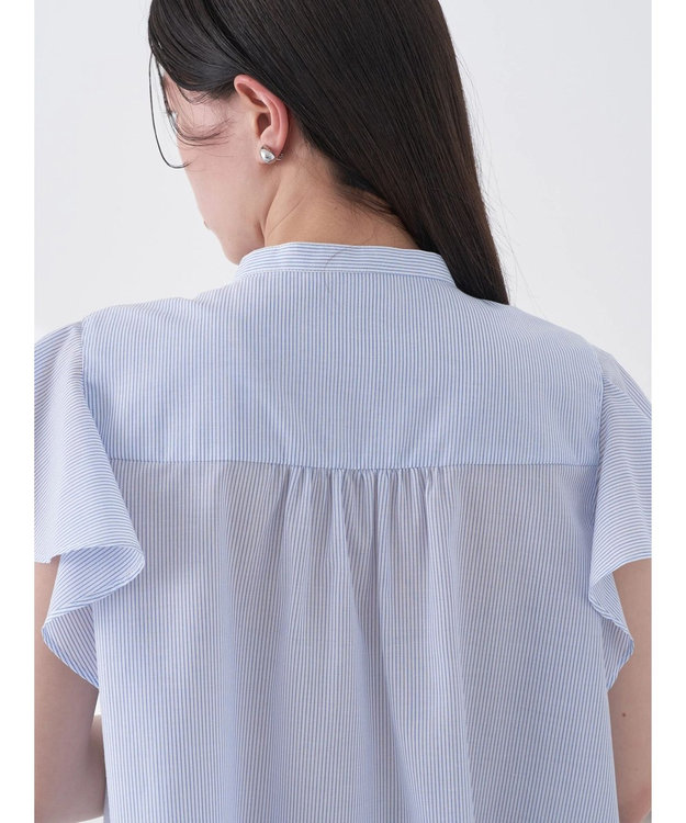 earth music&ecology ギャザーフレンチスリーブブラウス Stripe Sax