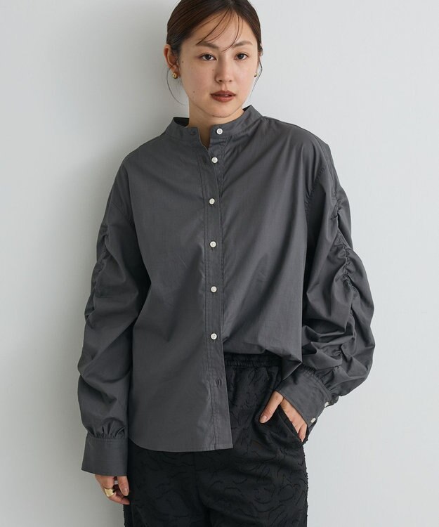 CRAFT STANDARD BOUTIQUE 袖シャーリングバンドカラーシャツ Charcoal Gray