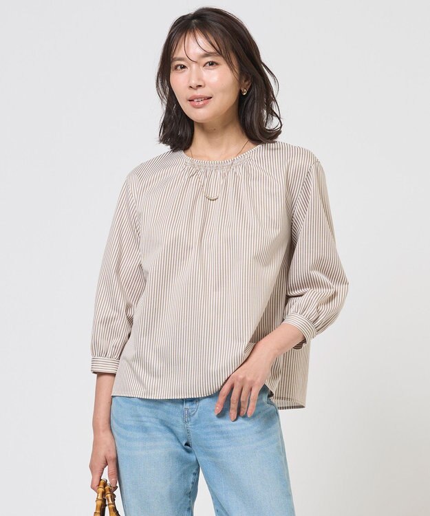 J.PRESS LADIES ストライプジャカード ラウンドネック カットソー キャメルストライプ系