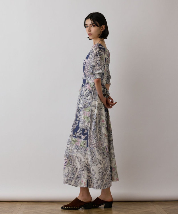 GRACE CONTINENTAL スカーフプリントドレス ネイビー