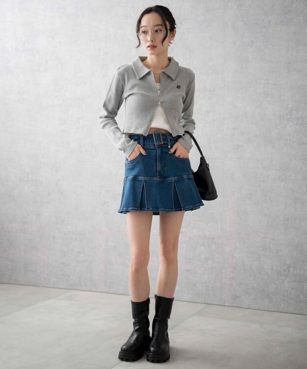 WEGO ベルト付デニムプリーツスカパン デニム中濃加工色