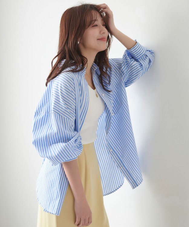 Feroux 【洗える】カラーストライプビッグ シャツ ブルー系1