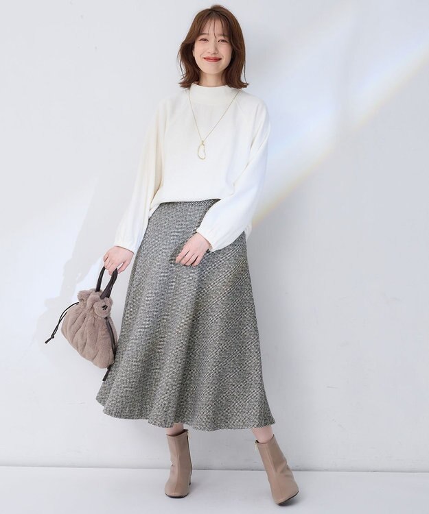 ANY 【ウエストゴム】ループツイードヘリンボーンフレアスカート グレーベース