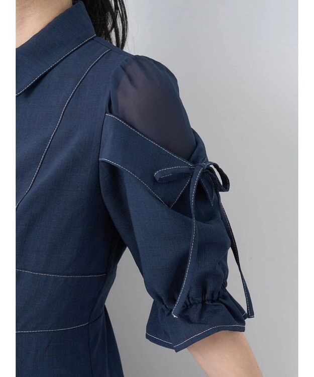 earth music&ecology レイヤードショルダー配色ステッチワンピース Deep Blue