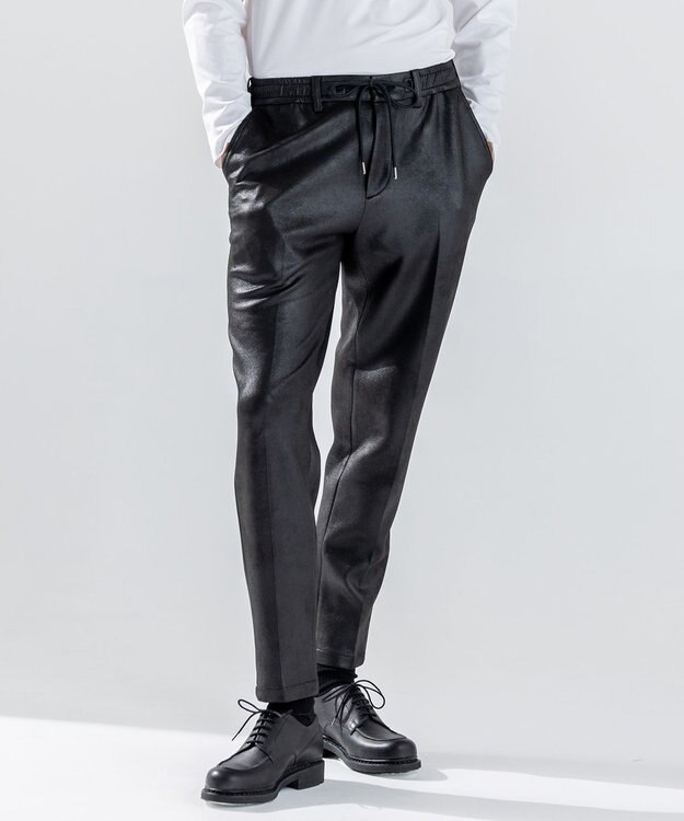 JOSEPH HOMME 新素材【ストレッチ/光沢感】レザーライクジャージードロスト付きテーパードパンツ / PEGG CONVERTIBLE ブラック系