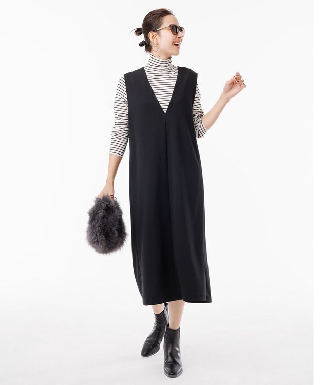 UNFILO 【暖かさ＆着心地の良さで大ヒット】コットンカシミヤ タートルネックカットソー エクリュ×ブラック