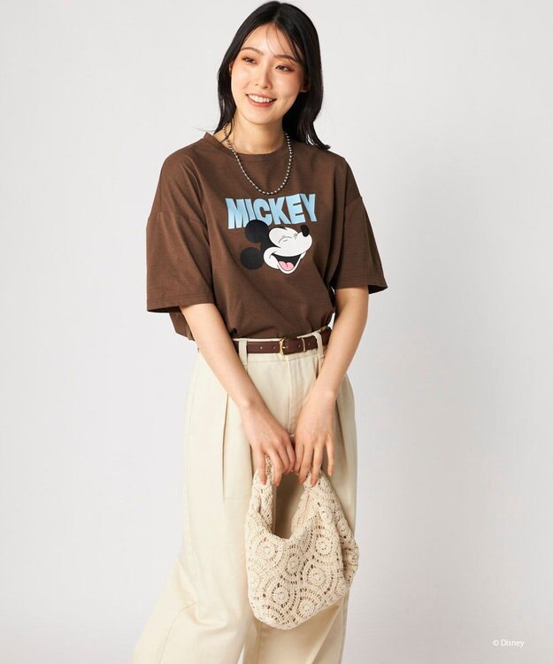 OP／FILA 【Ocean Pacific】ミッキー/水陸両用オーバーサイズTシャツ/レディース ブラウン