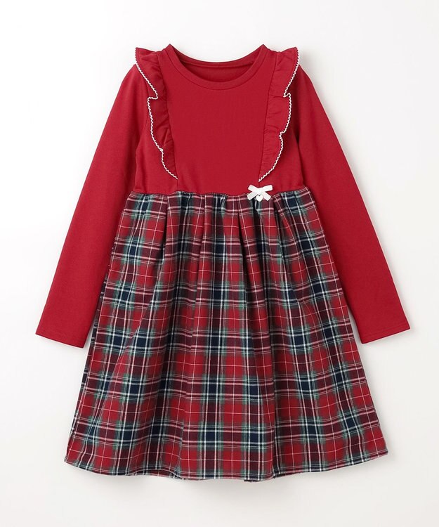 ANY KIDS チェック柄 ドッキング ワンピース レッド×チェック