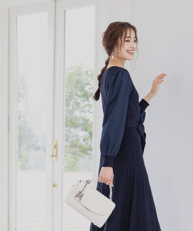 Tiaclasse 【洗える】パフ袖ニットコンビワンピース ネイビー