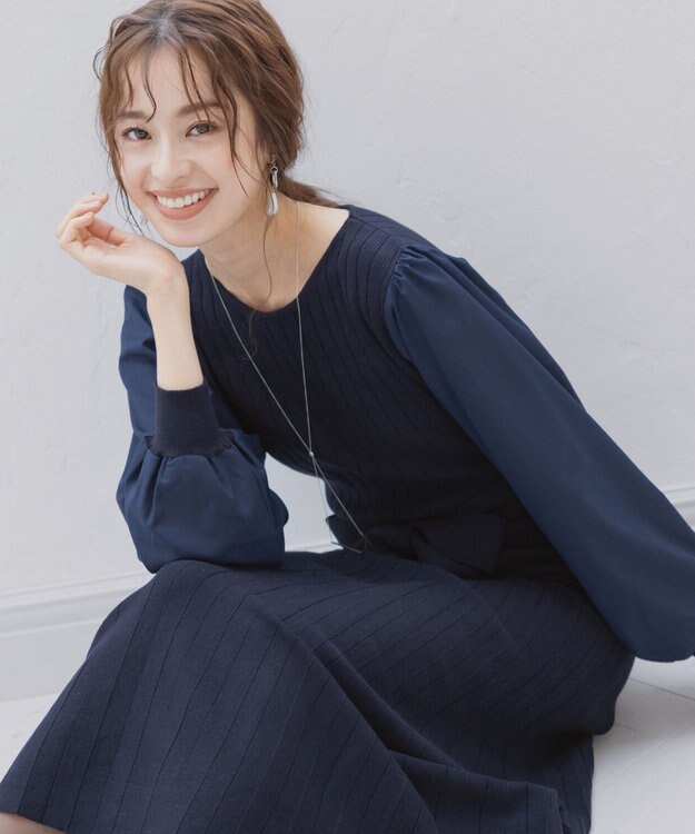 Tiaclasse 【洗える】パフ袖ニットコンビワンピース ネイビー
