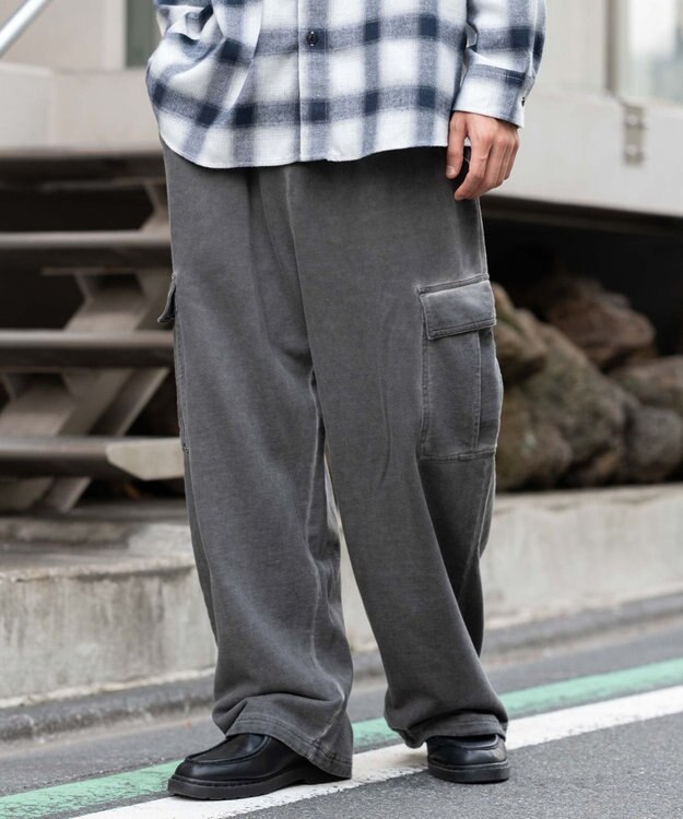 WEGO 【ユニセックス着用ITEM/ウエストゴム/MLサイズ展開】ワイドスウェットカーゴパンツ ブラックその他