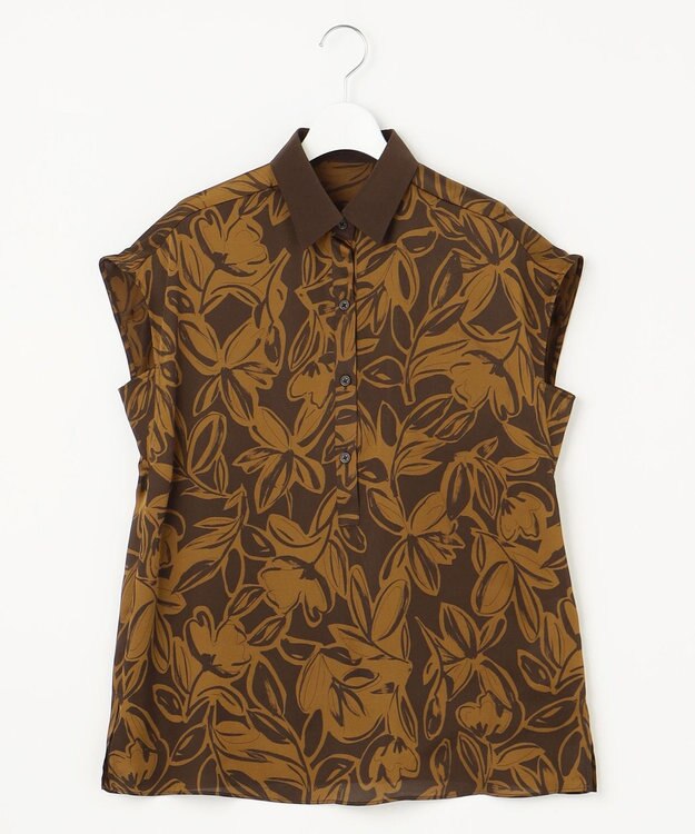 自由区 【カタログ掲載・洗える】モノトーンフラワープリント ブラウス コッパ―ｘブラウン