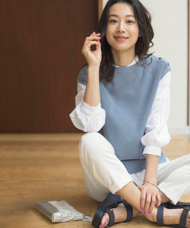 J.PRESS LADIES L 【洗える】GIMA COTTON ニット ベスト ダルブルー系