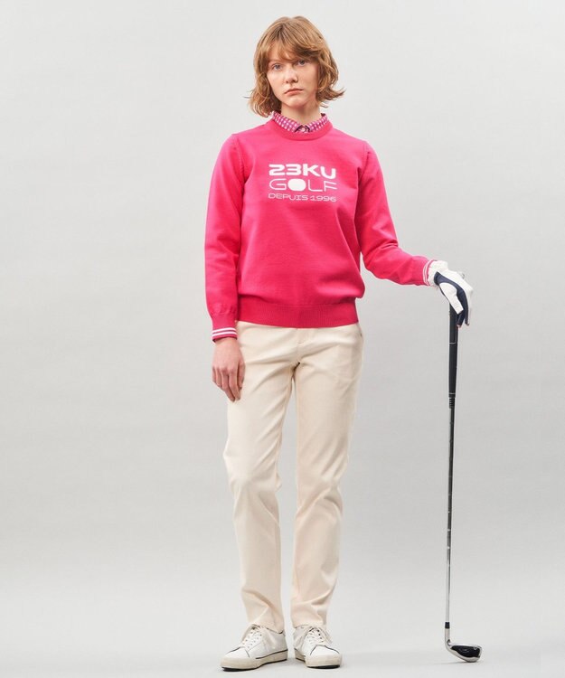 23区GOLF 【WOMEN】【ウォッシャブル】ロゴインターシャ ポリエステルニット ピンク系