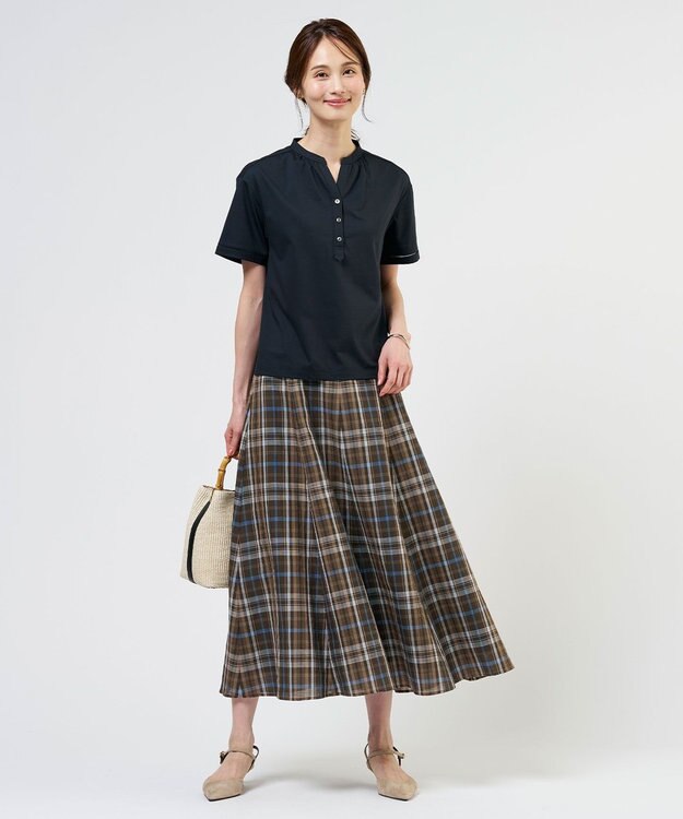 J.PRESS LADIES S コットンリネン Light マドラスチェック フレア スカート ブラウン系