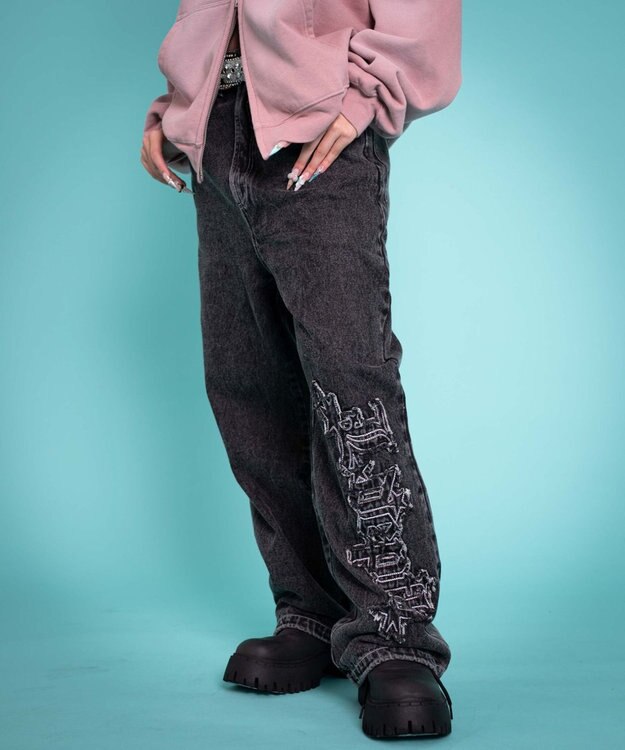 WEGO 【ユニセックス着用YD/ウエスト調整可/MLサイズ展開】グラフィックデニムパンツ デニムブラックソノタ