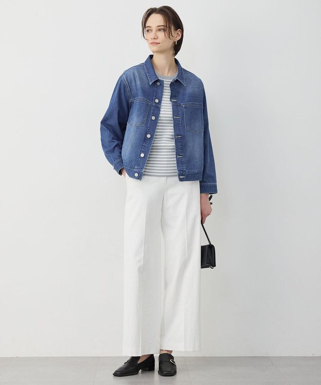 ICB L オーガニックコットン リブニット スモーキーサックス×オフホワイト