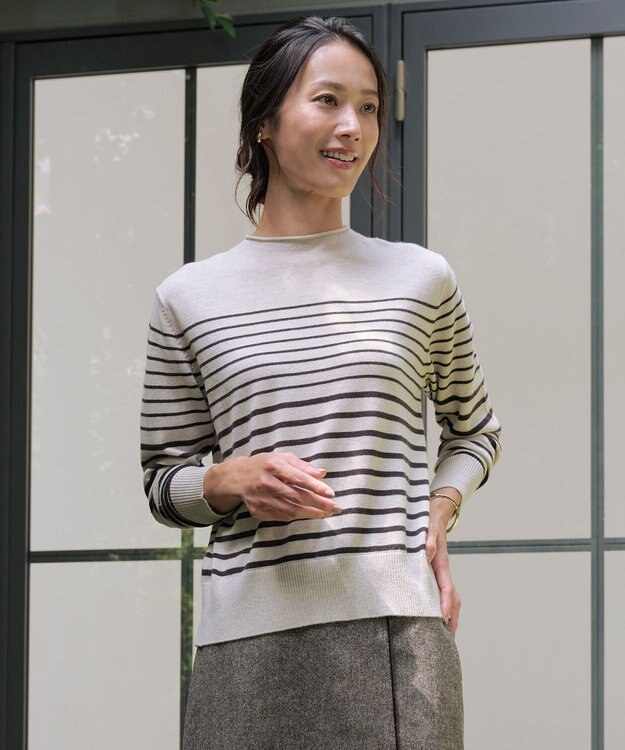 J.PRESS LADIES L SOFT TOUCH WOOL ボーダー ニット ベージュ×ダークブラウン系