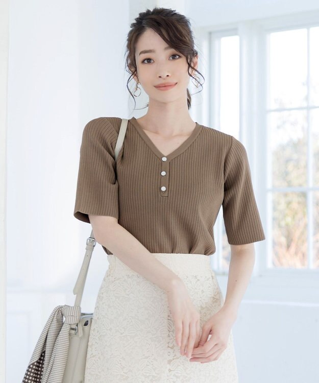 Tiaclasse 【洗える】ボタンニットトップス モカ