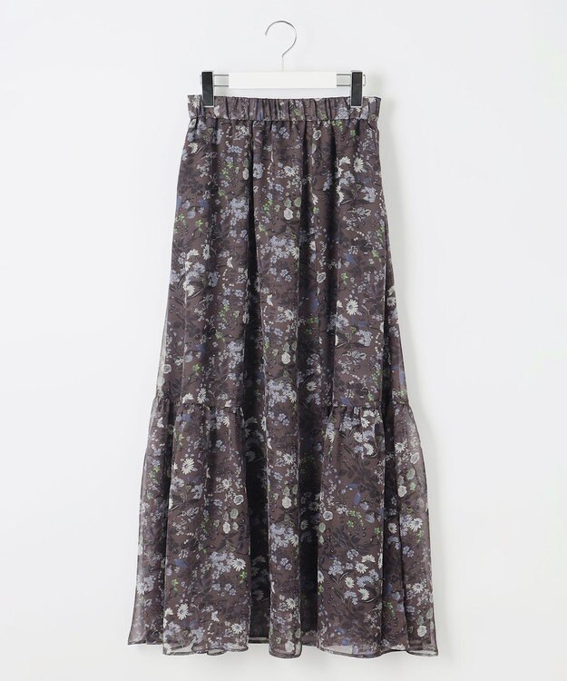 自由区 【セットアップ対応・洗える】ボタニカルフラワープリントティアード スカート セピア系