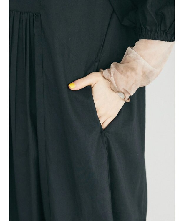 CRAFT STANDARD BOUTIQUE インド綿パフスリーブギャザーワンピース Black