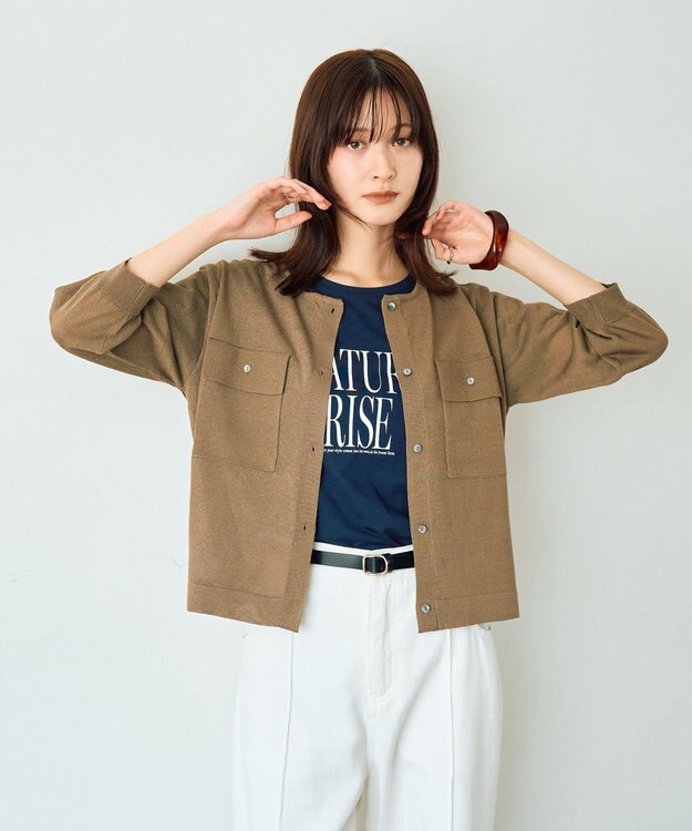 YECCA VECCA ノーカラー7分袖ポケットカーディガン Dark Beige