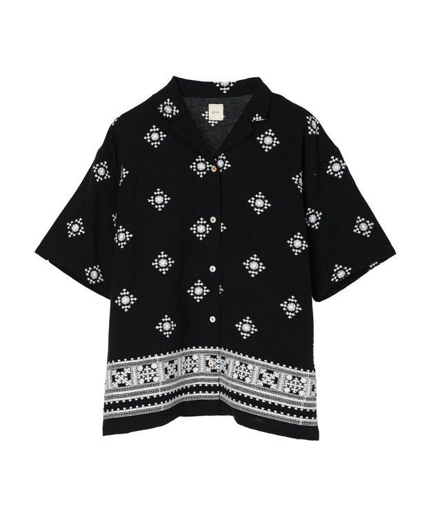 CRAFT STANDARD BOUTIQUE パネル刺繍開襟シャツ Black